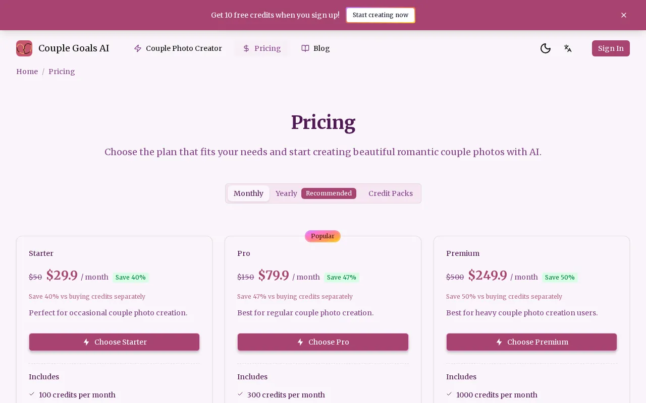 Couple Goals AI — pricing page