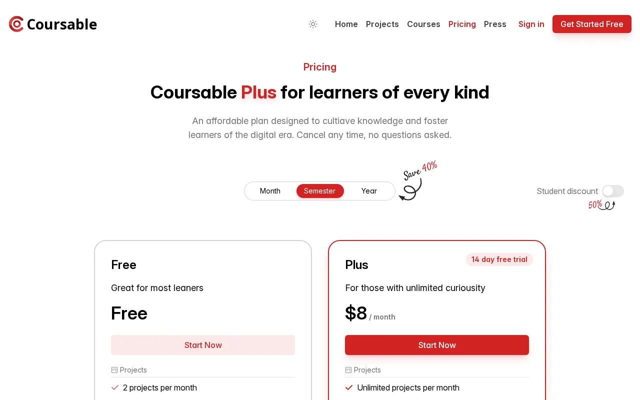 Coursable.io — pricing page