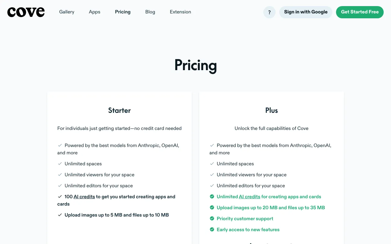 Cove AI — pricing page