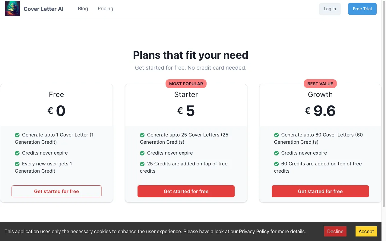 Cover Letter AI — pricing page