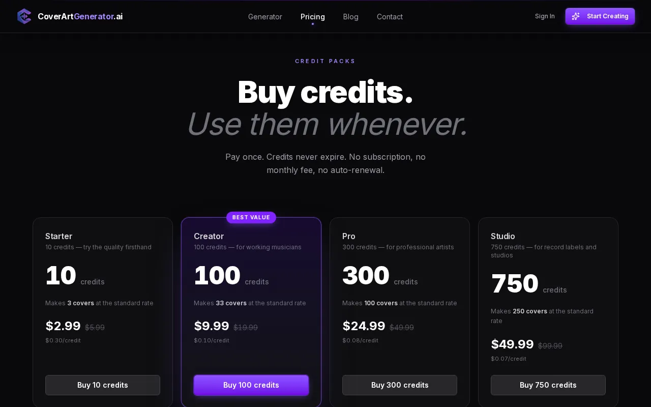CoverArtGenerator.ai — pricing page