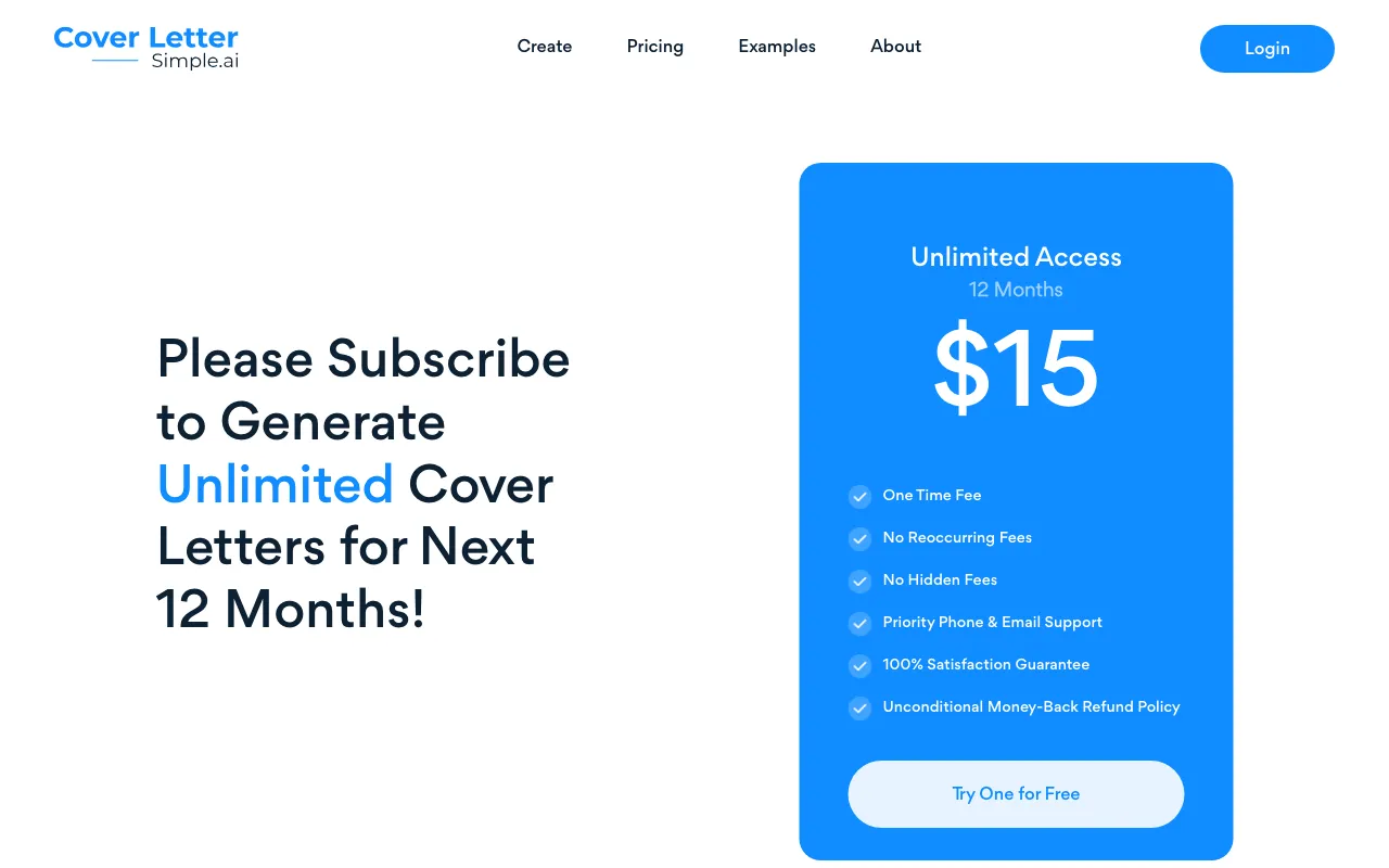 CoverLetterSimple.ai — pricing page