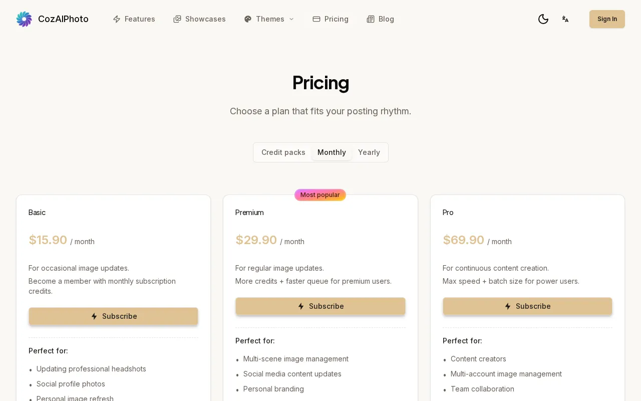 CozAIPhoto — pricing page