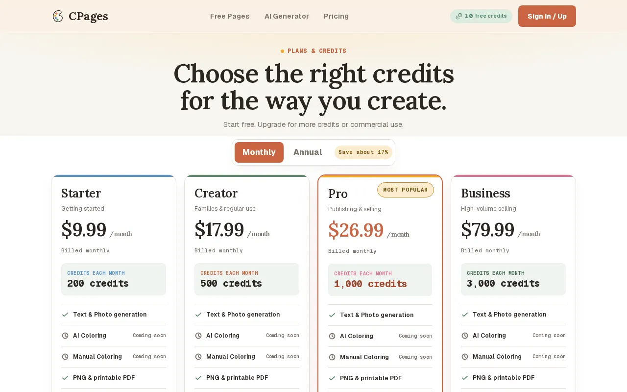 CPages — pricing page