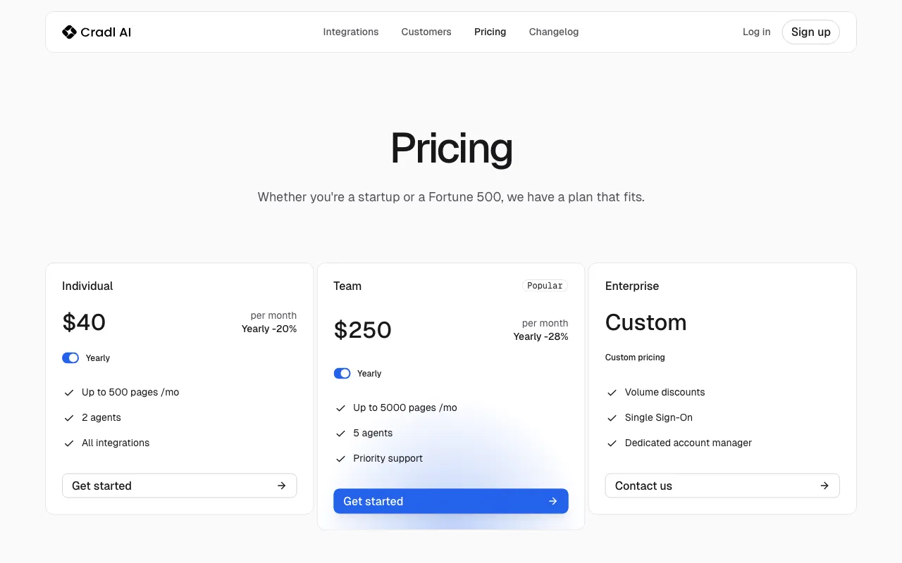 Cradl AI — pricing page