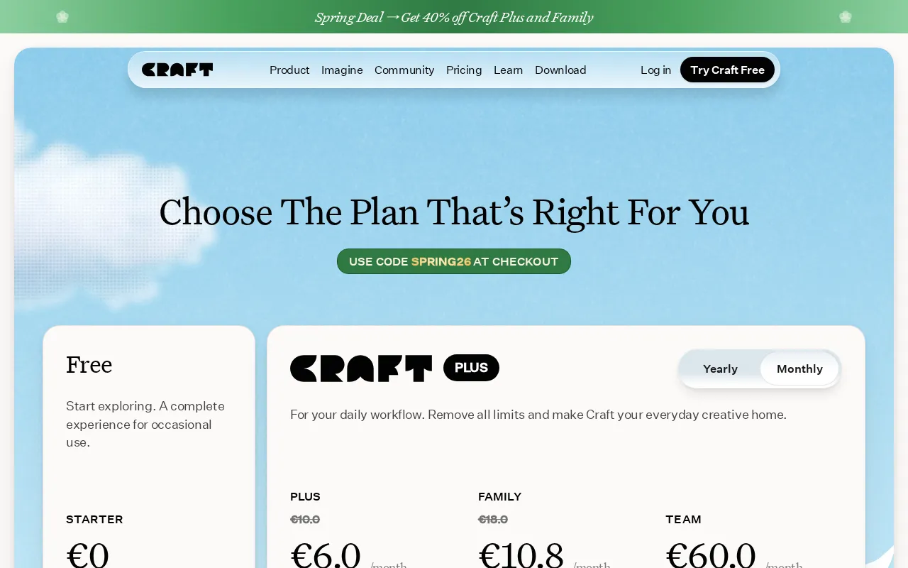 Craft — pricing page