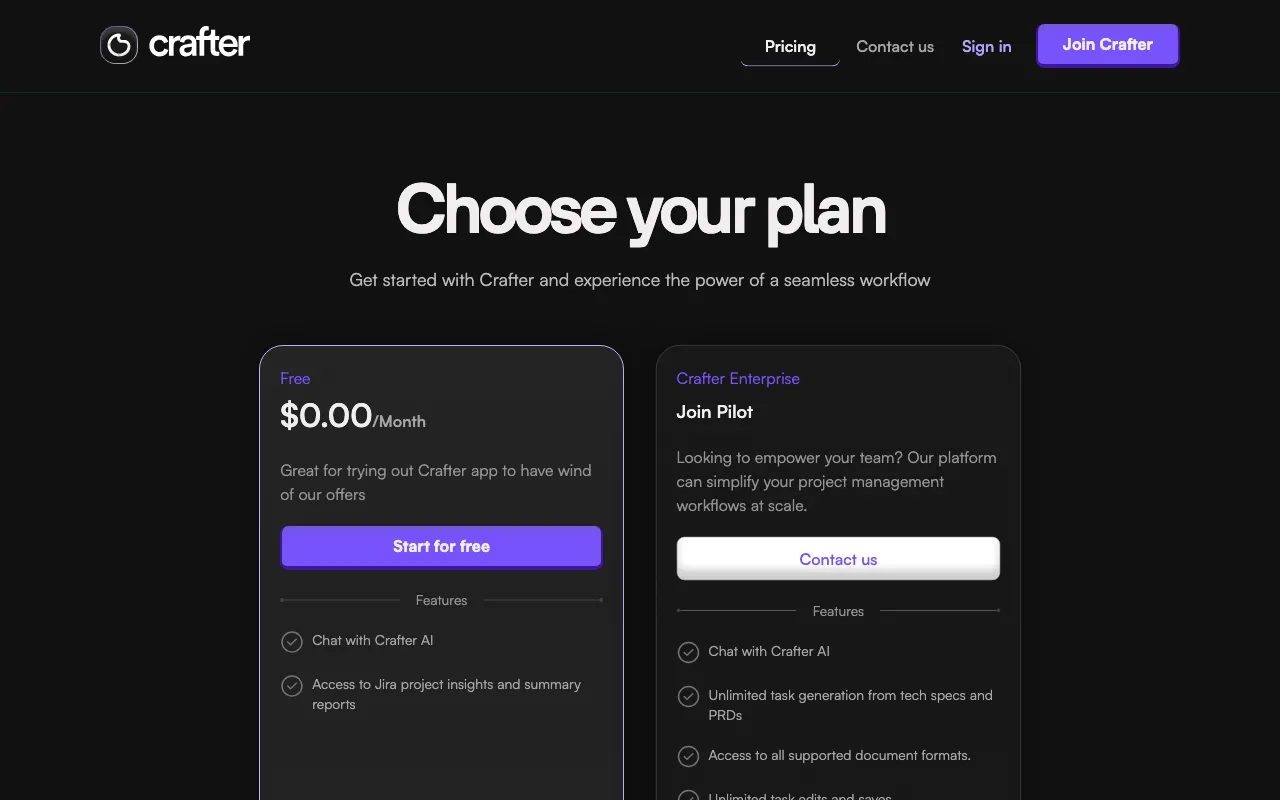 Crafter — pricing page