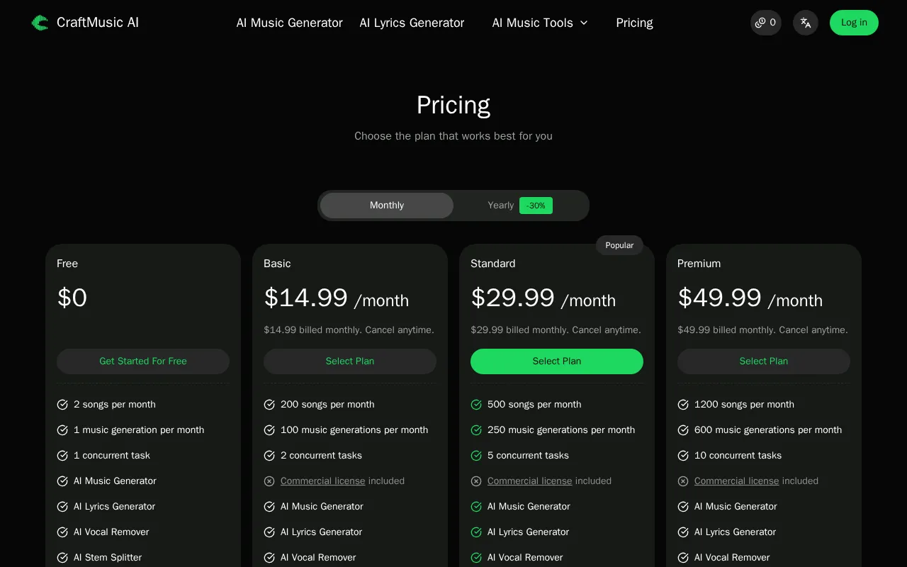 CraftMusic AI — pricing page