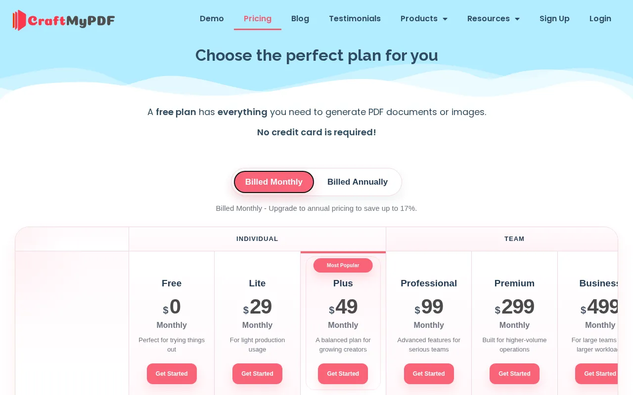 Craftmypdf — pricing page