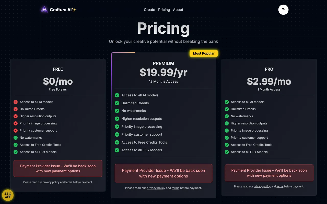 Craftura AI — pricing page