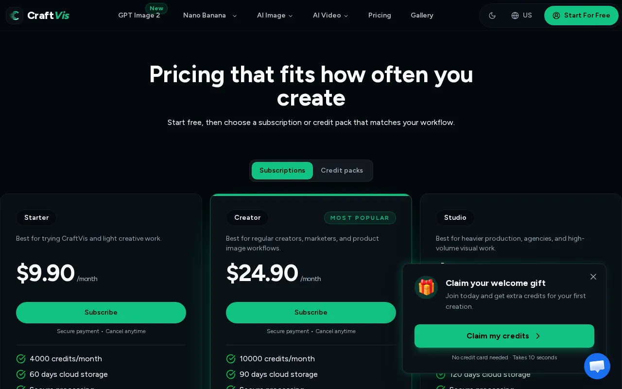 CraftVis AI Image Editor & Generator — pricing page
