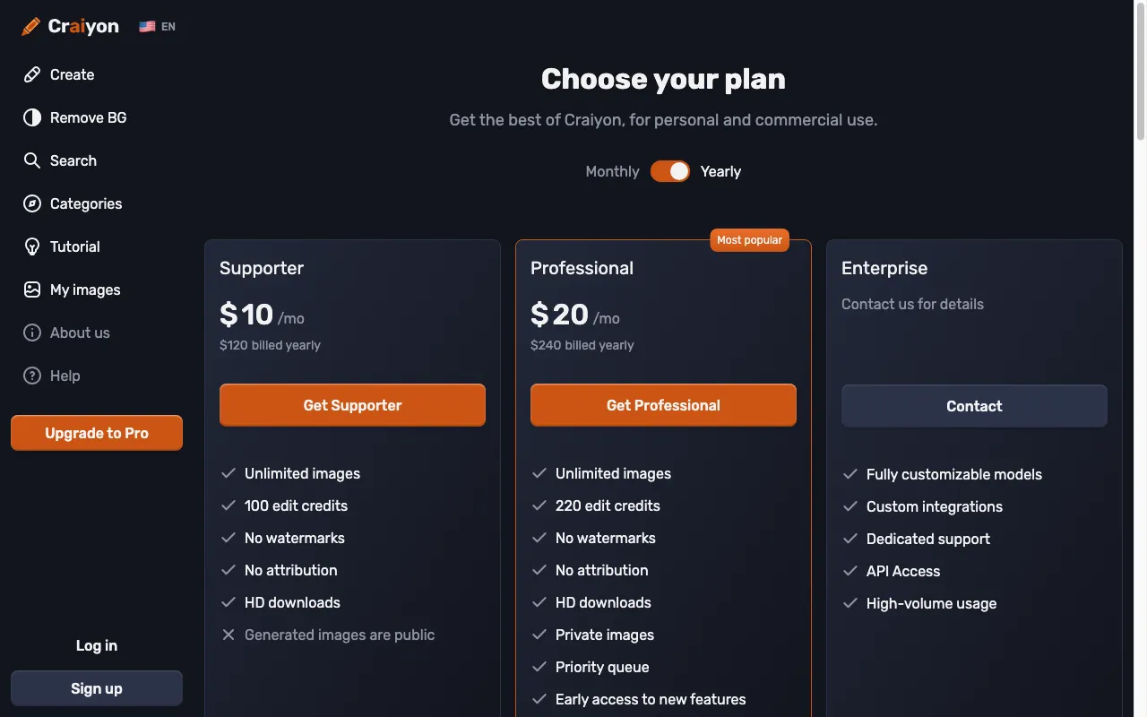 Craiyon — pricing page