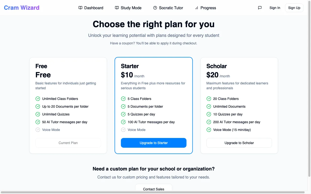 Cram Wizard — pricing page