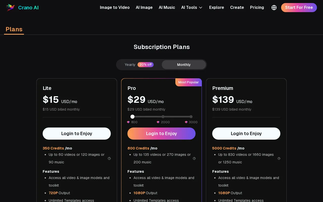 Crano AI — pricing page
