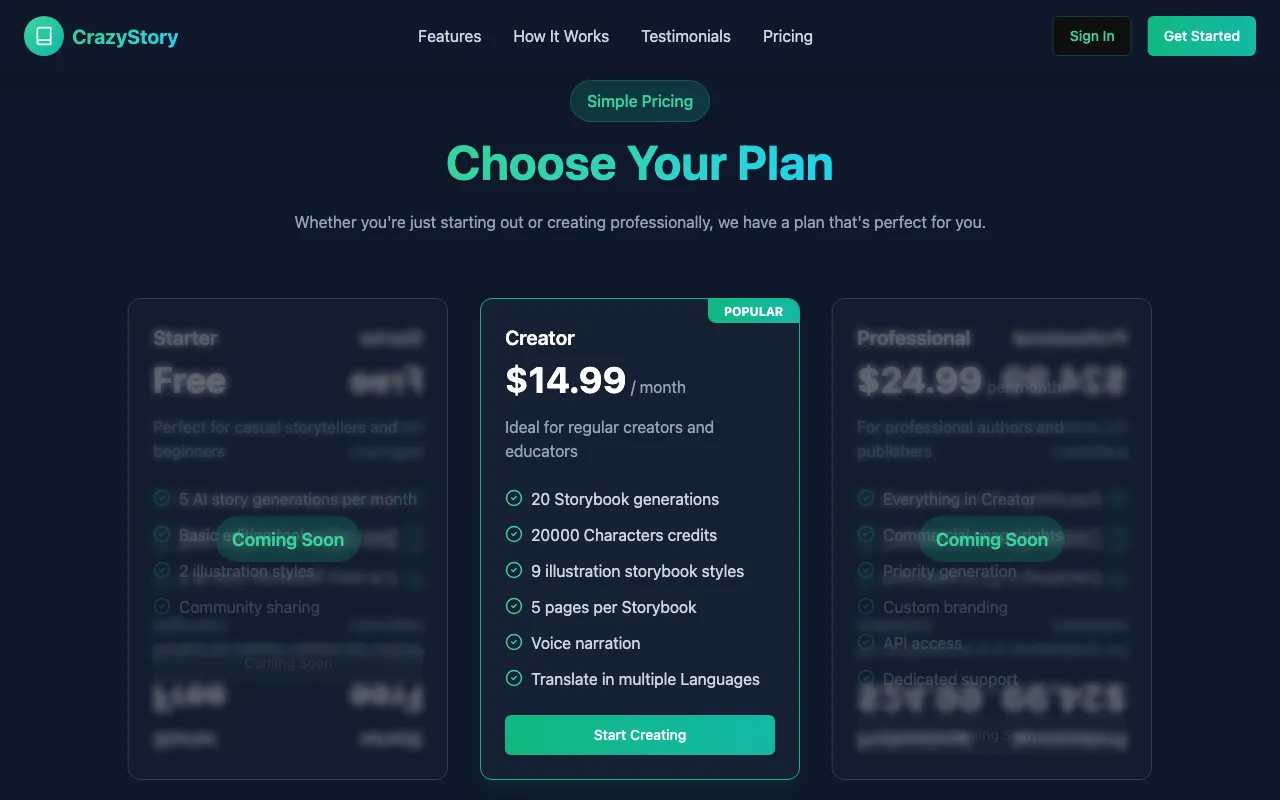 CrazyStory — pricing page
