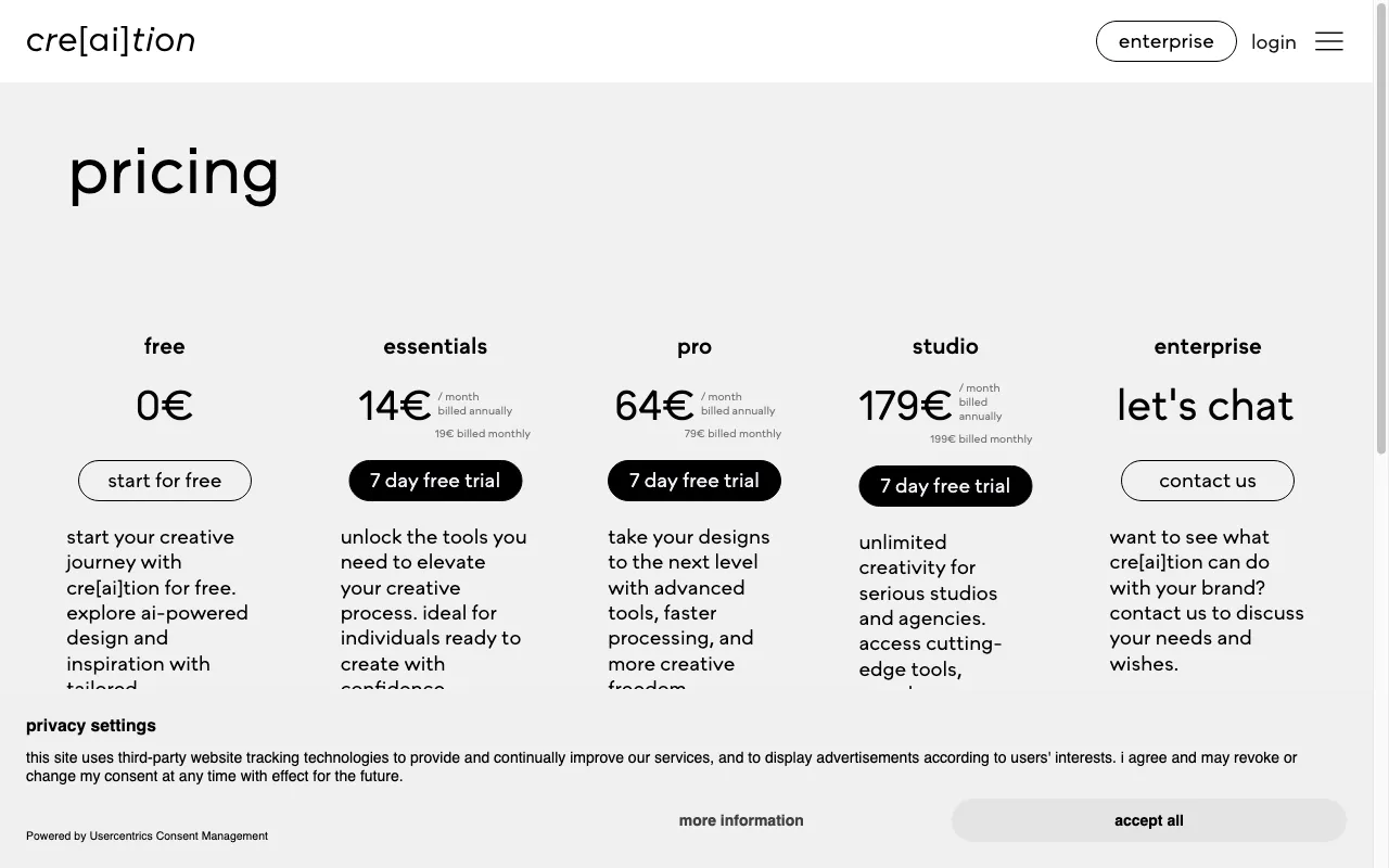 cre[ai]tion — pricing page