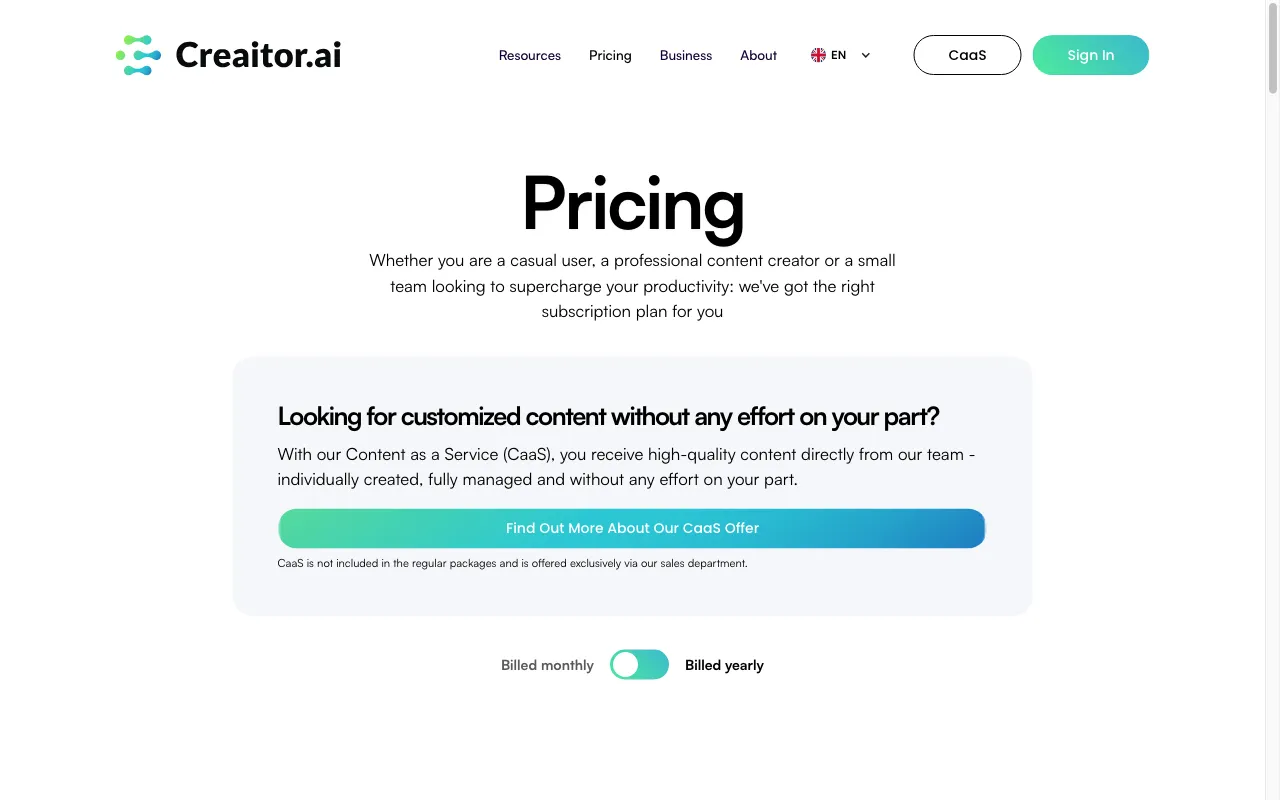 Creaitor AI — pricing page