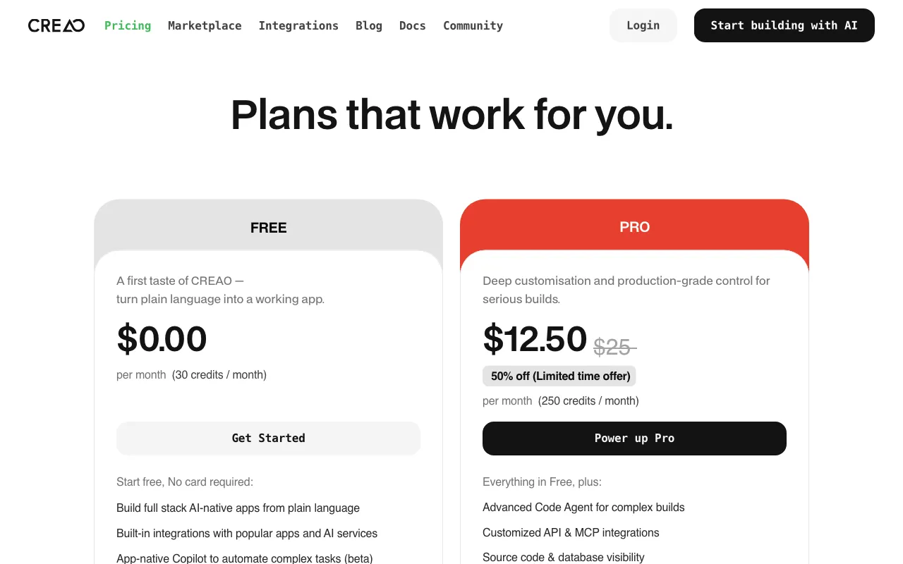 CREAO — pricing page