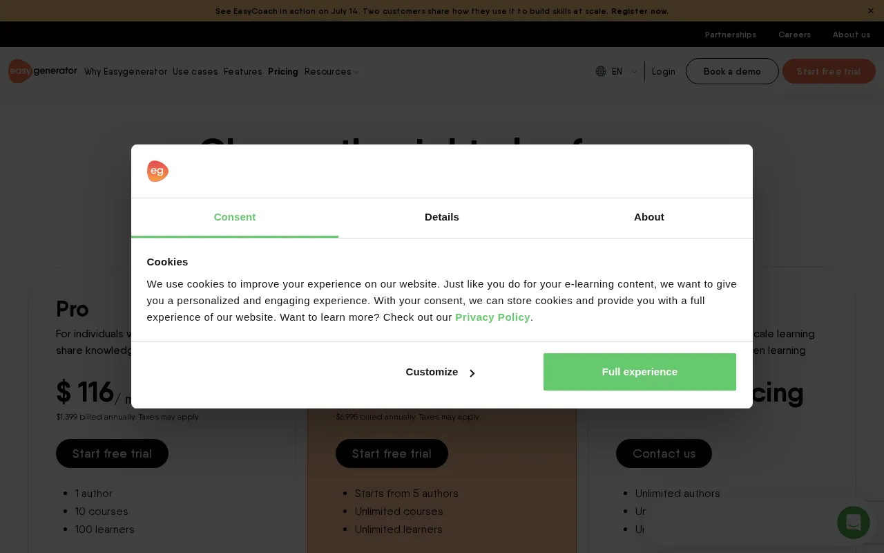 Create company-tailored training at scale — pricing page