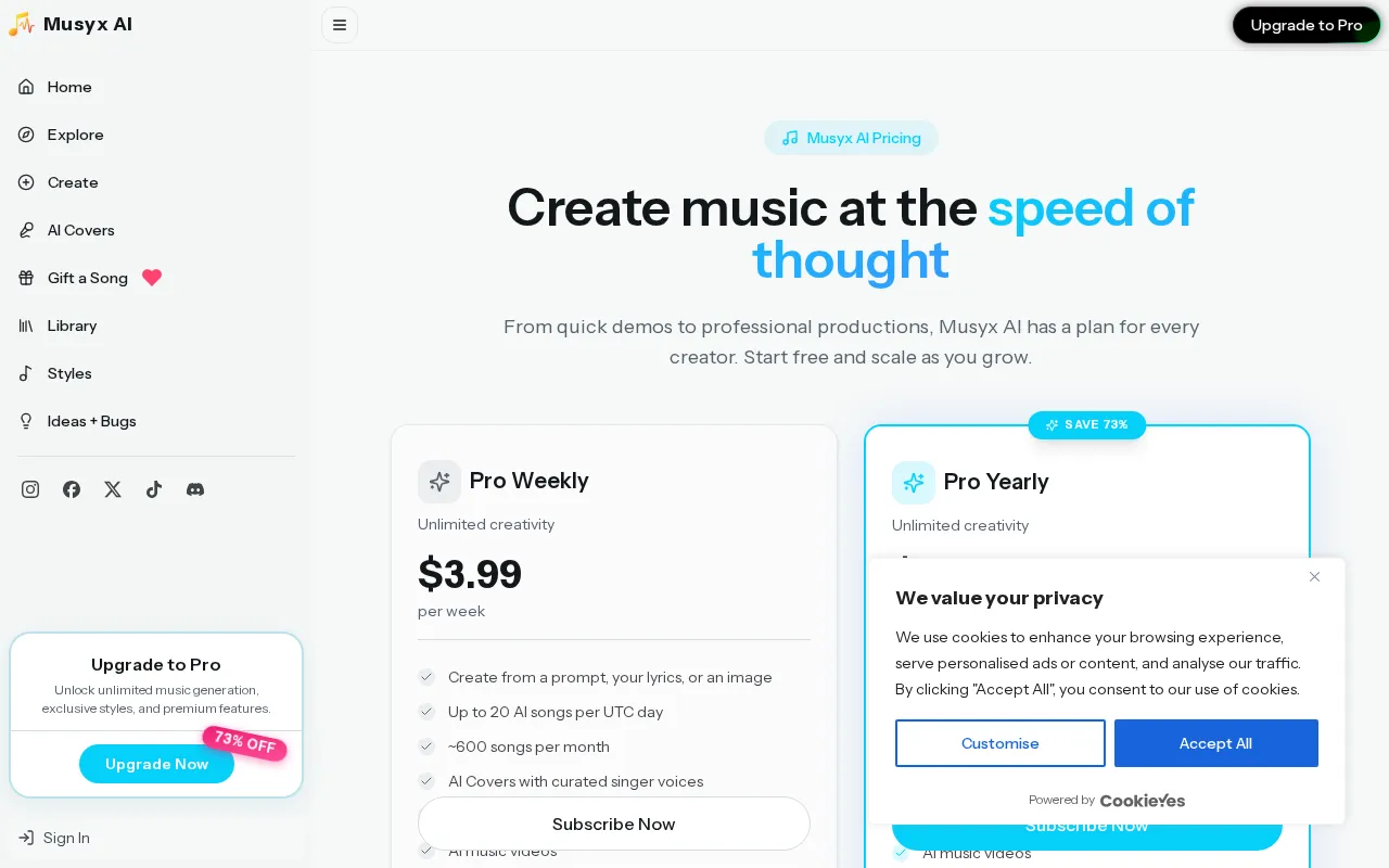 Musyx AI — pricing page