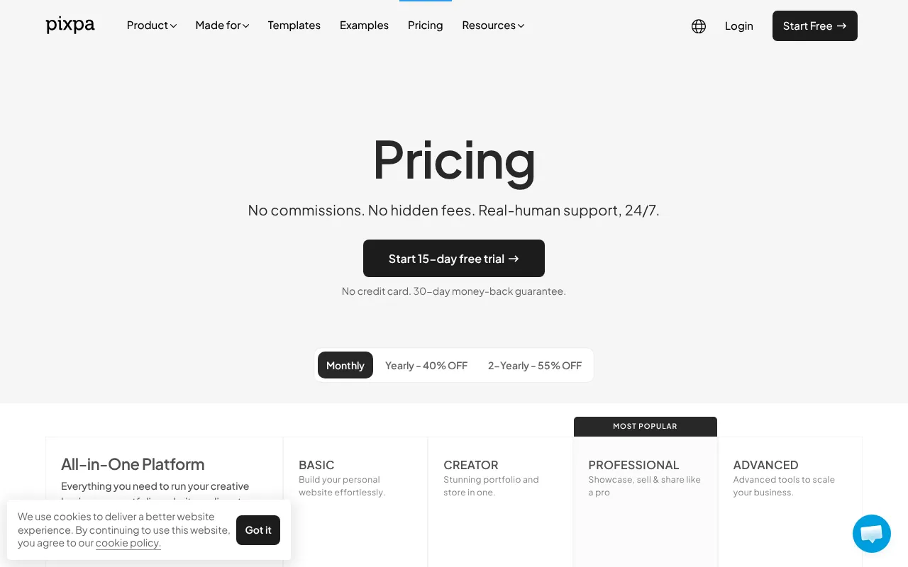 Create Your Awesome Portfolio Website - Pixpa — pricing page
