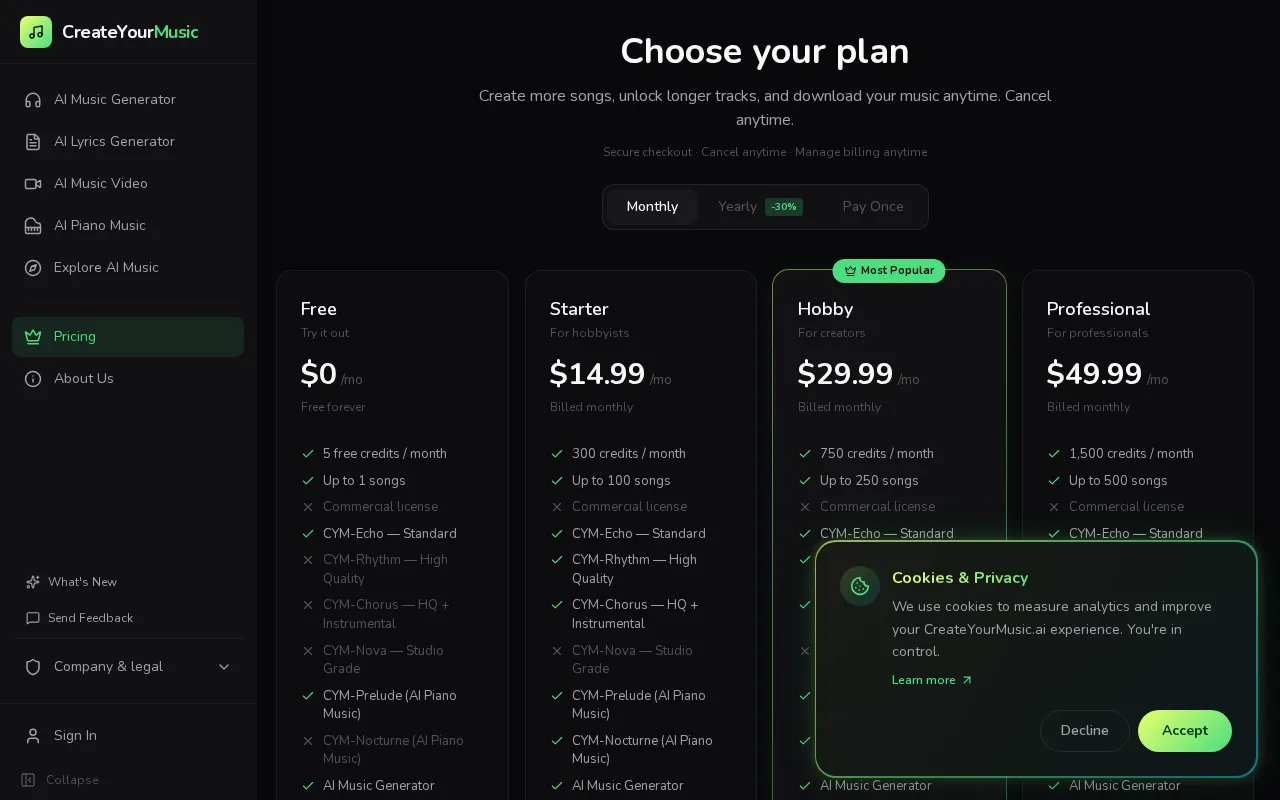 Create Your Music AI — pricing page