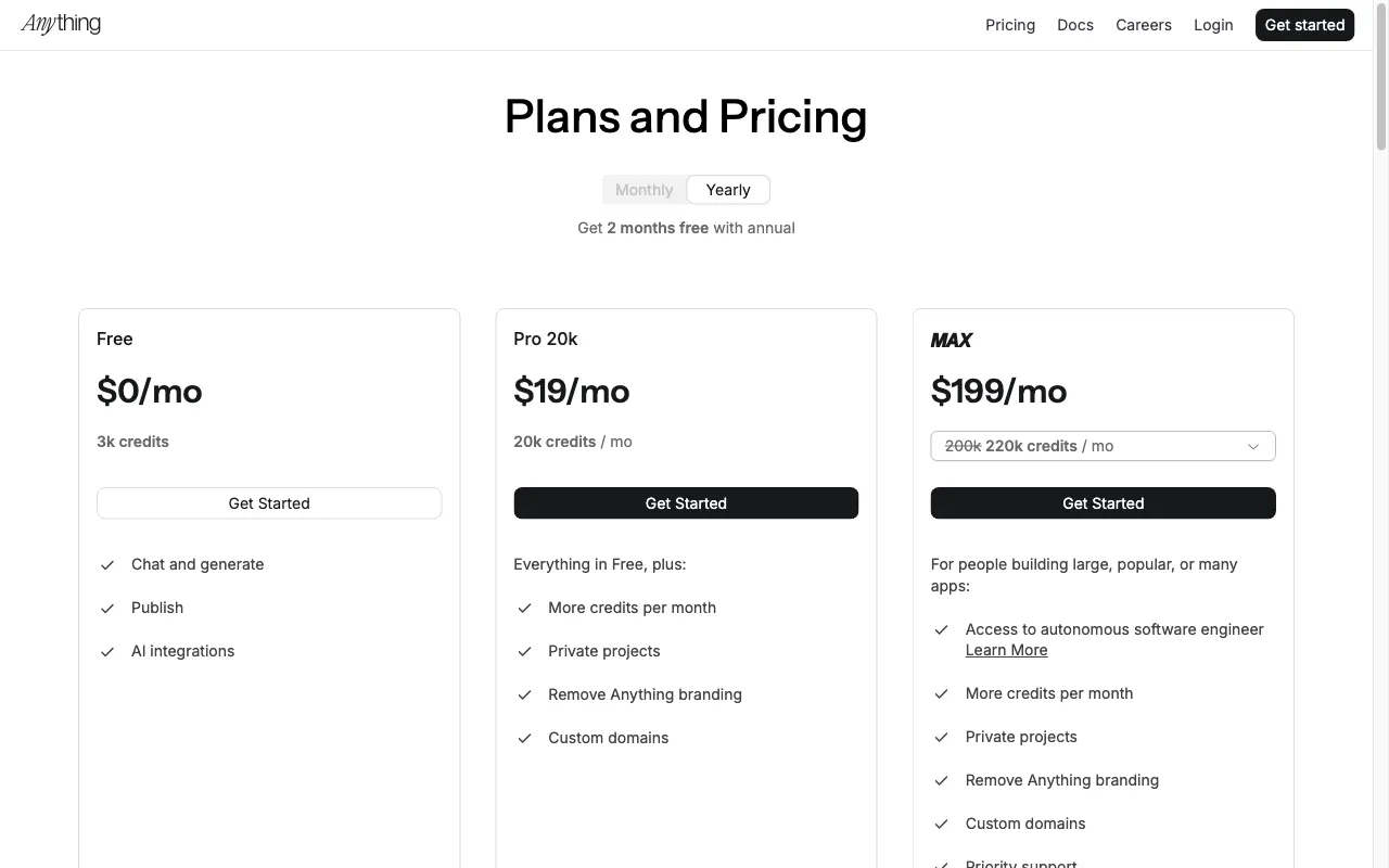 Create — pricing page