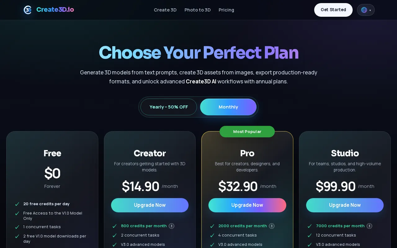 Create3D.io — pricing page