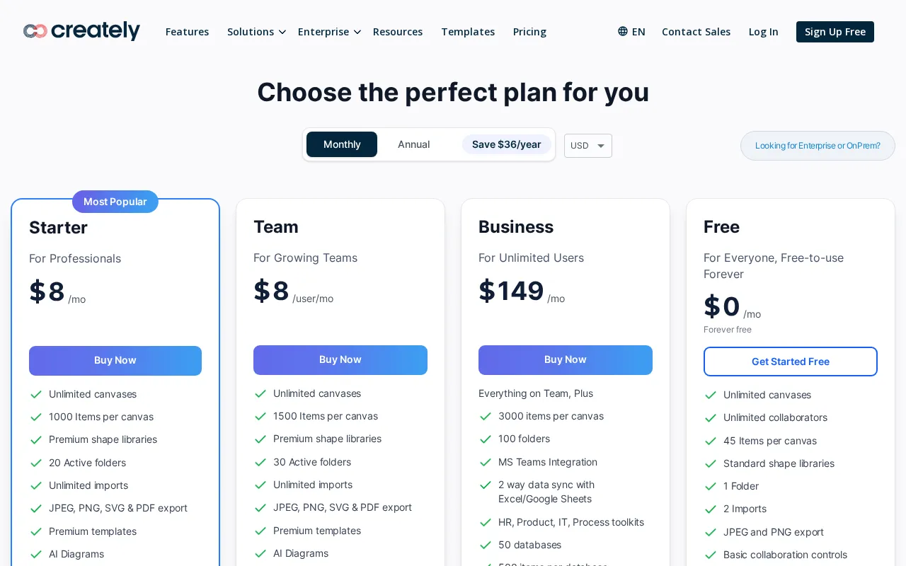 Creately — pricing page