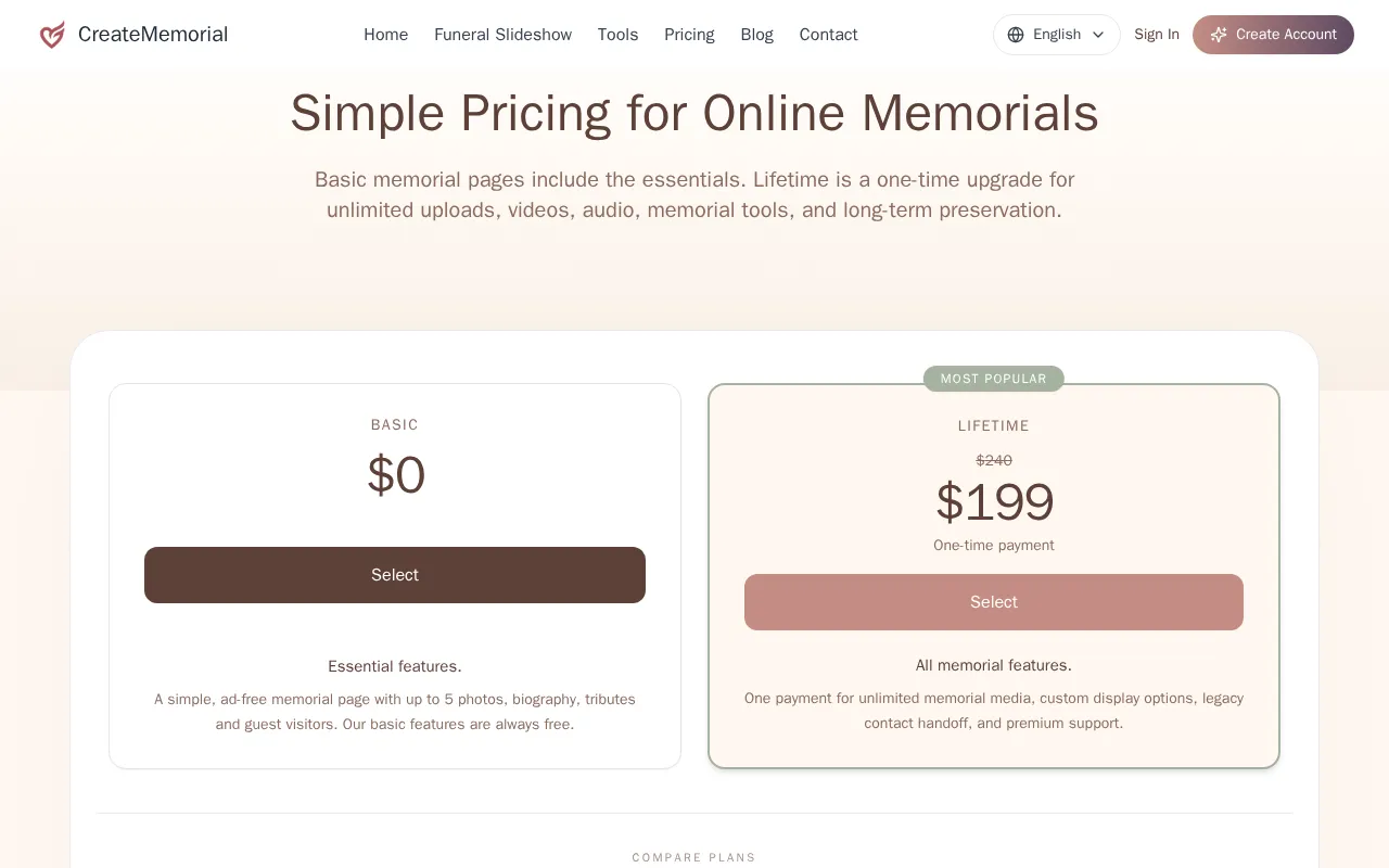 CreateMemorial — pricing page