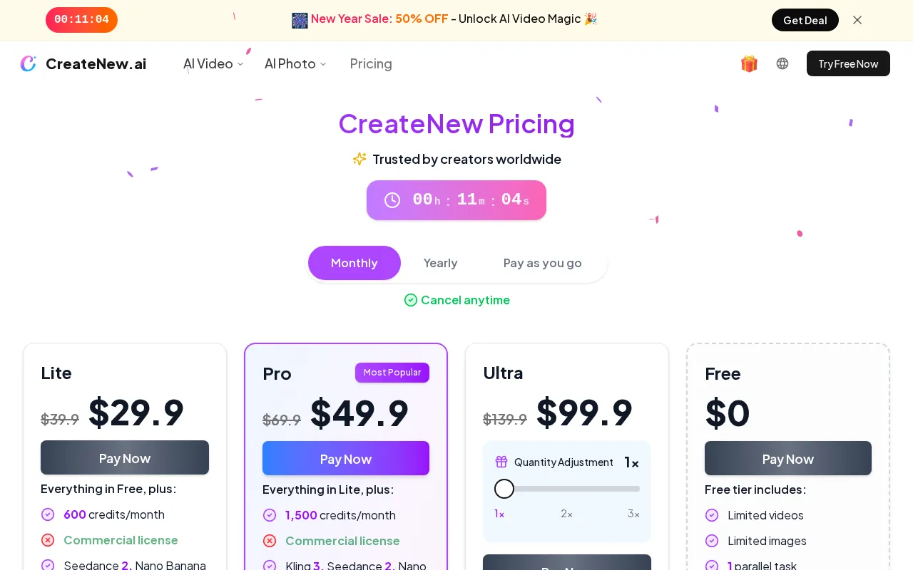 CreateNew AI — pricing page