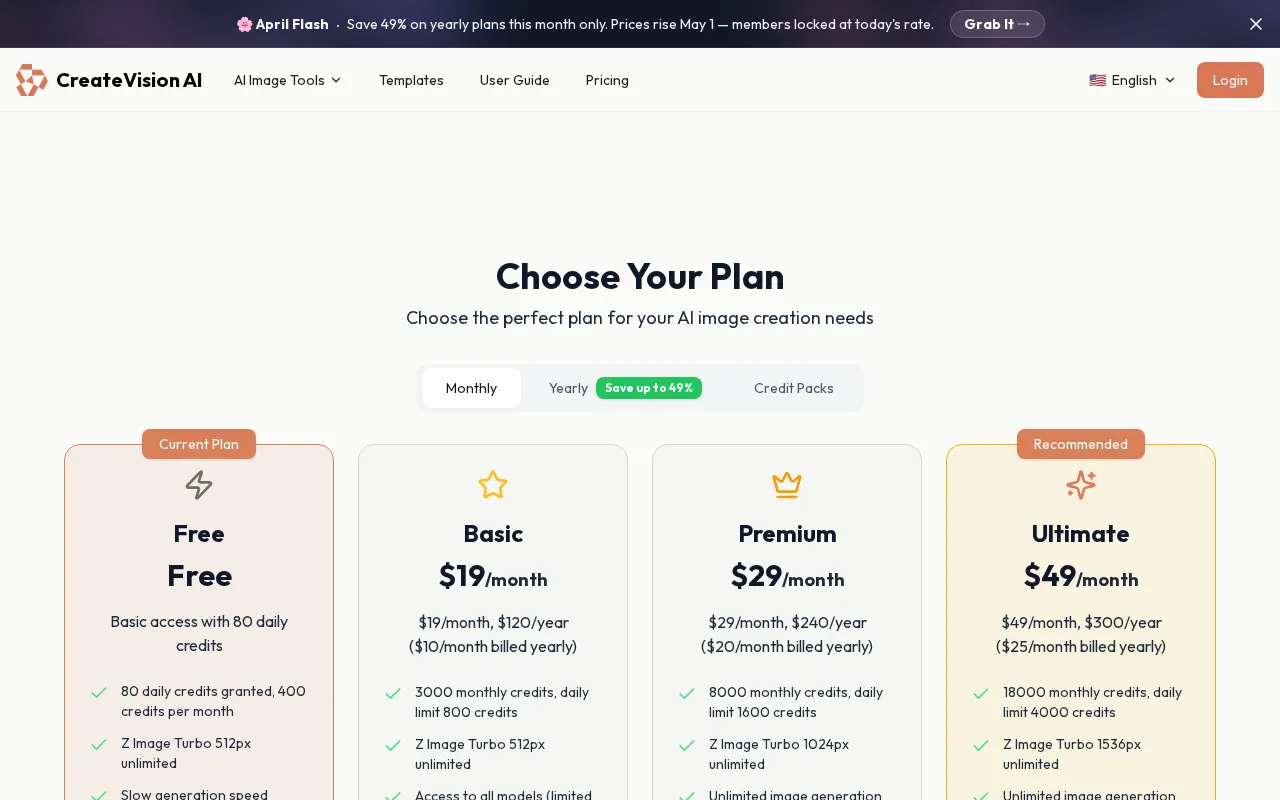 CreateVision AI — pricing page