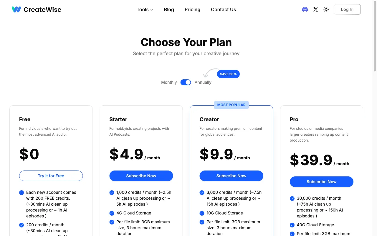 CreateWise AI — pricing page
