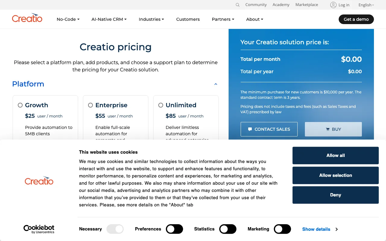 Creatio — pricing page