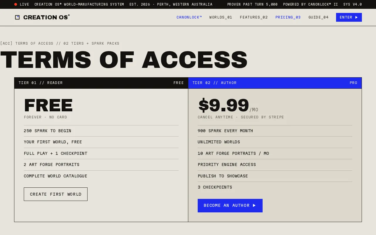 Creation OS — pricing page