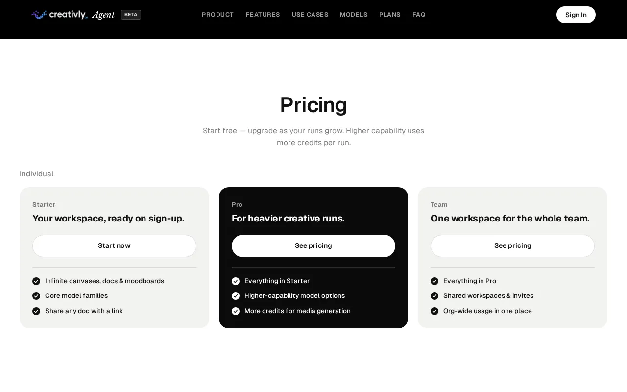 Creativly Agent — pricing page
