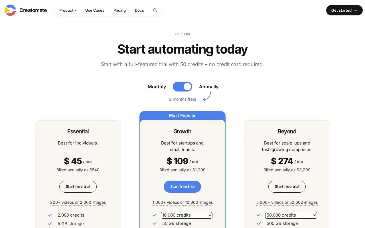Creatomate — pricing page