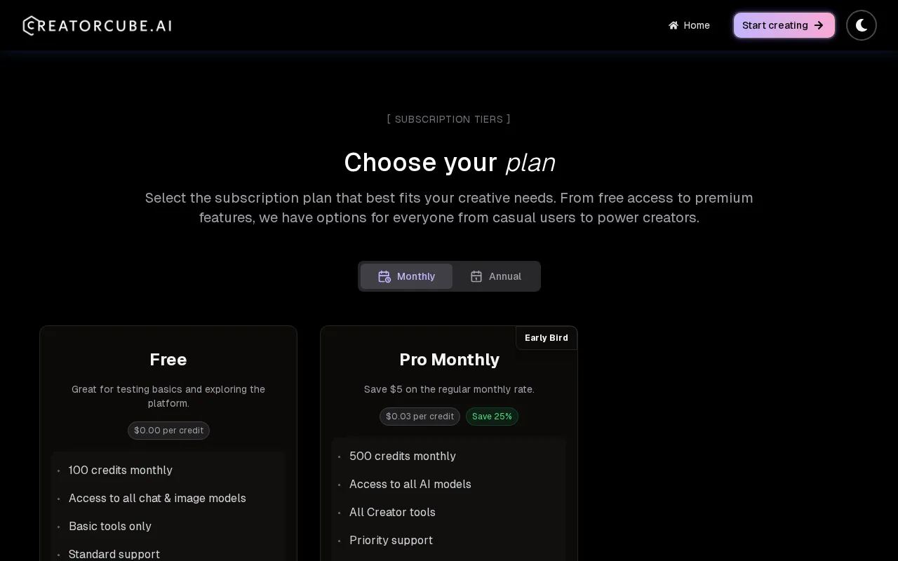 CreatorCube AI — pricing page