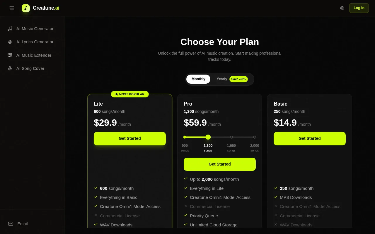 Creatune — pricing page