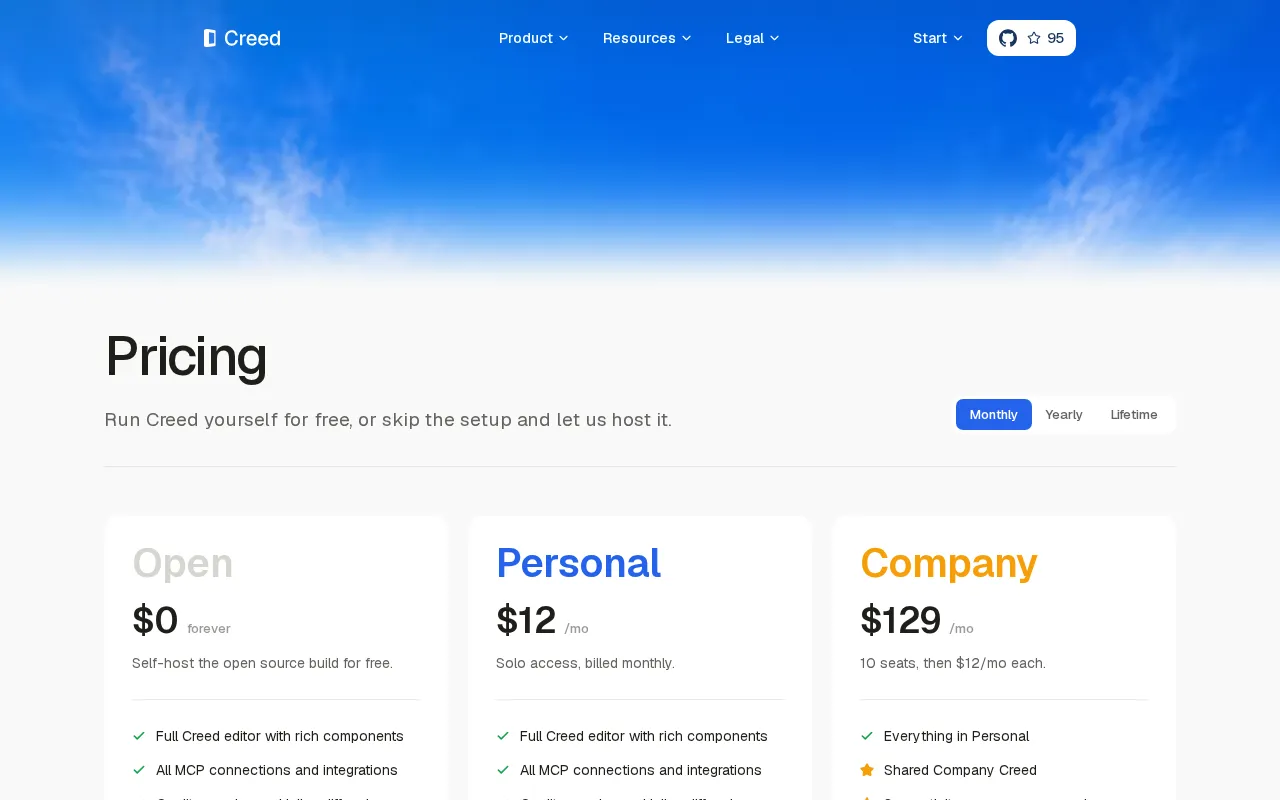 Creed — pricing page
