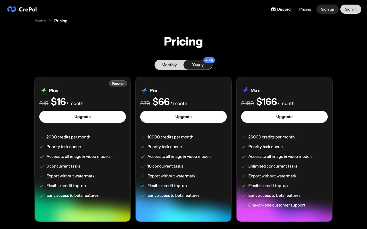 CrePal AI — pricing page