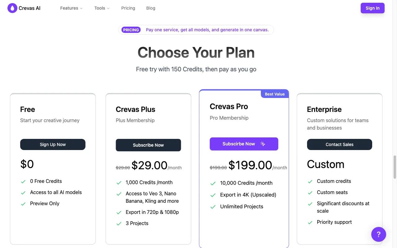 Crevas — pricing page