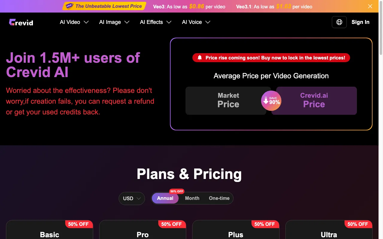 Crevid AI — pricing page