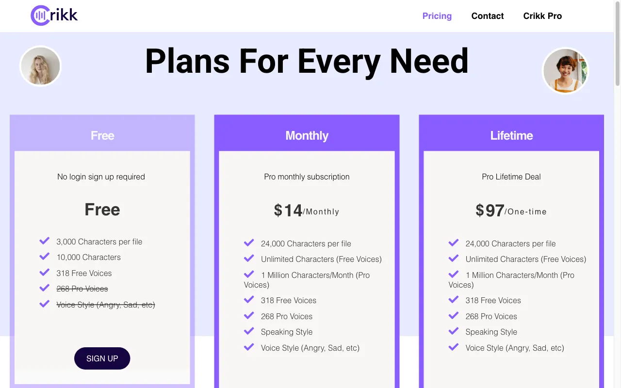 Crikk — pricing page