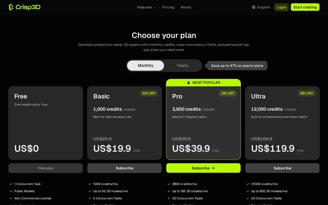 Crisp3D AI — pricing page