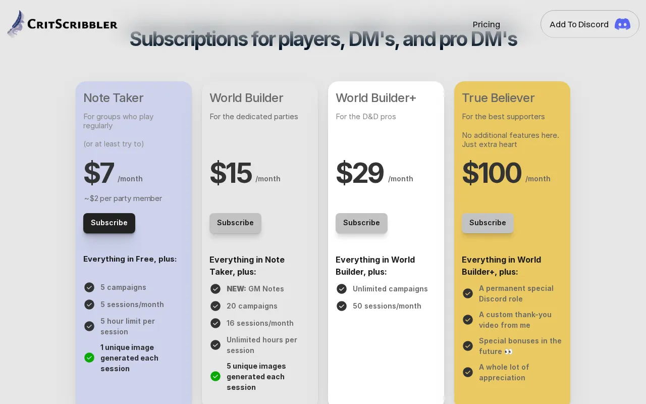 Crit Scribbler — pricing page