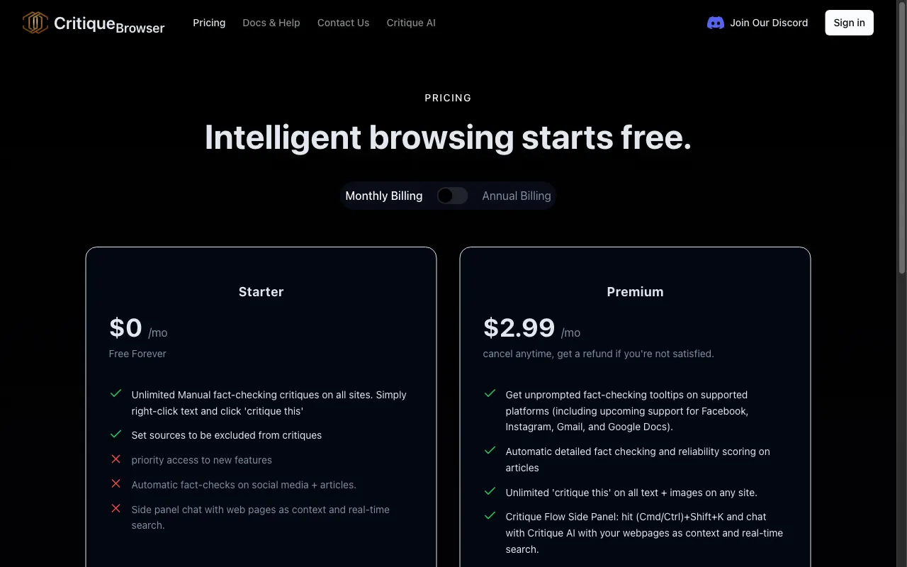 Critique — pricing page