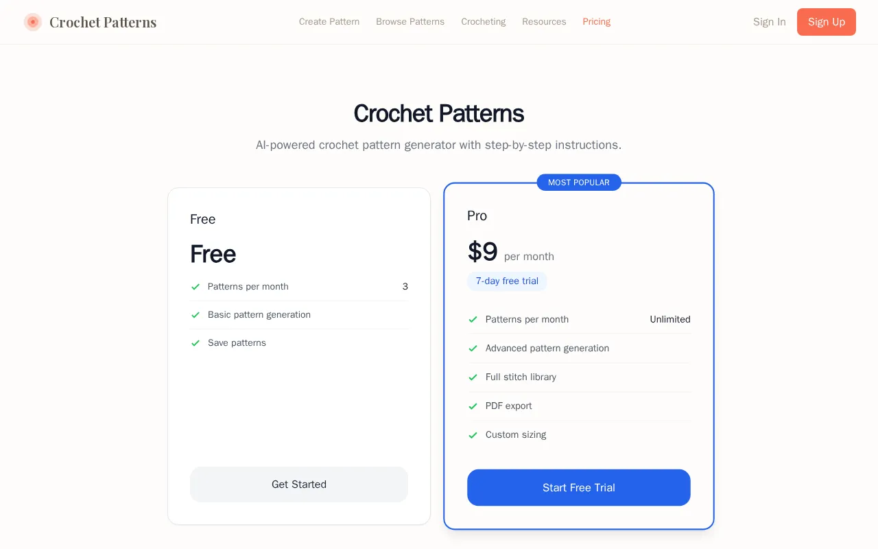 Crochet Pattern Generator — pricing page
