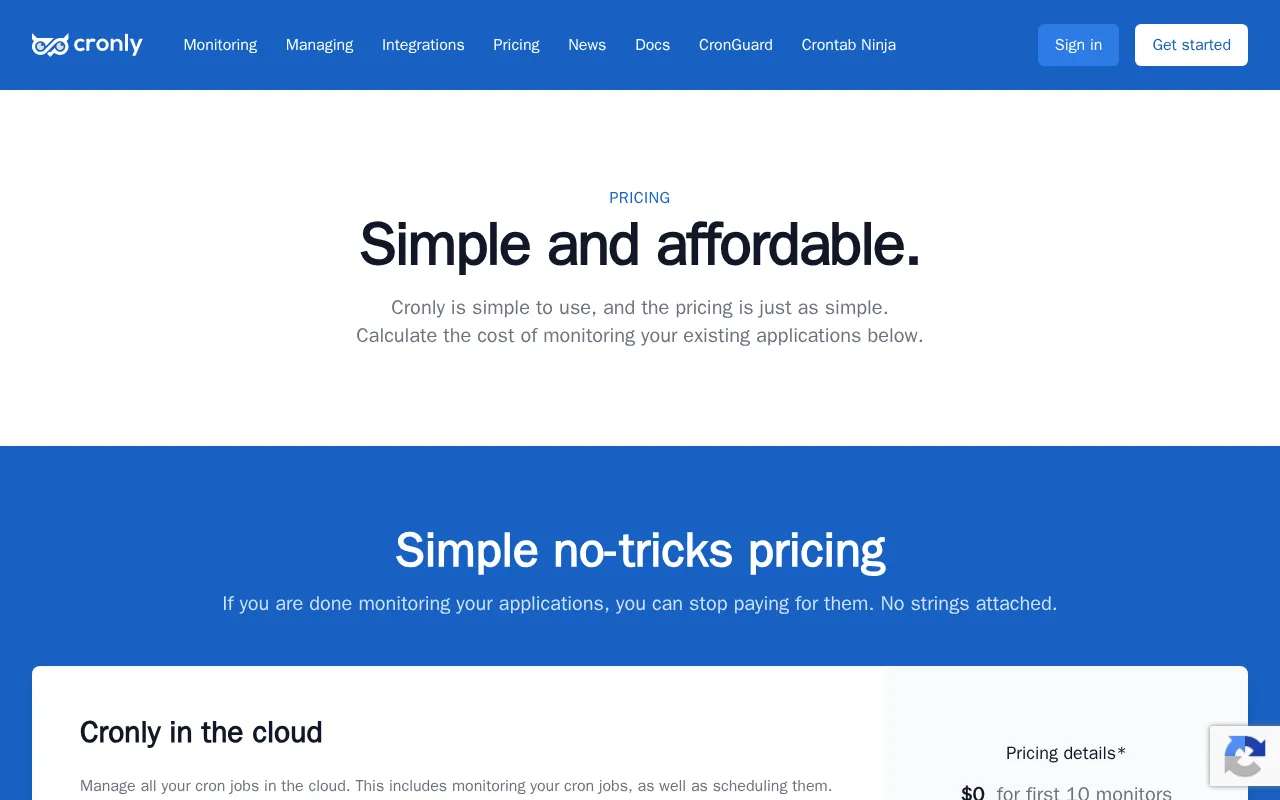 Cronly — pricing page