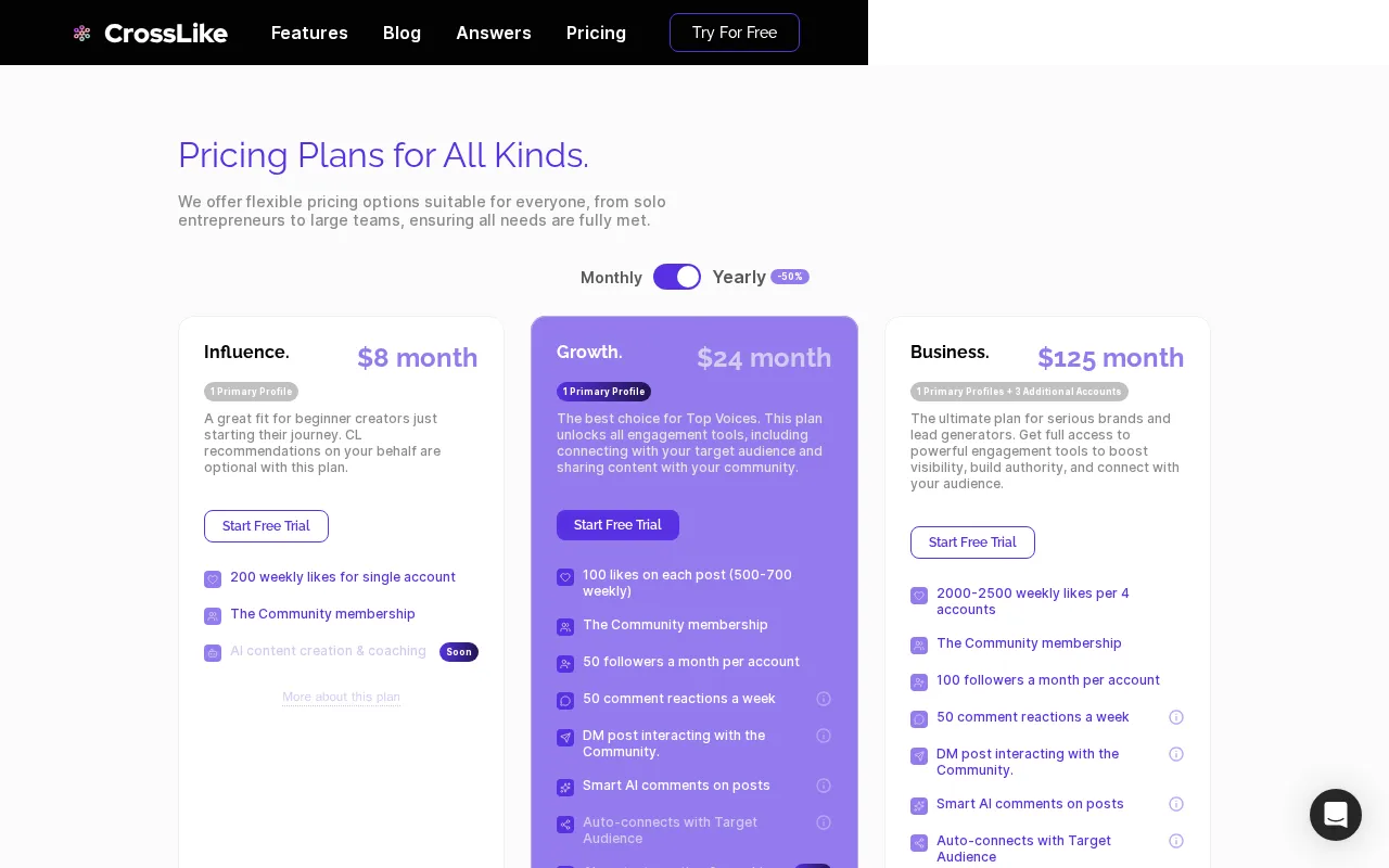 CrossLike – Grow Your LinkedIn Influence with Authentic Engagement — pricing page